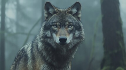 A wolf looks directly at the camera in a foggy forest.