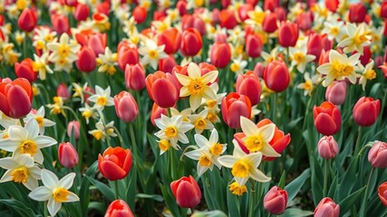 Vibrant tulips and daffodils dance in a sea of white, nature art, natural beauty, white canvas