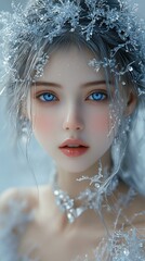 people, person, female, woman, lady, girl, beauty, fashion, model, portrait, girl, ice, snow, silver, hair, blue, eyes, crystal, jewelry, fantasy, winter, cold, frozen, magical, ethereal, mystical, en