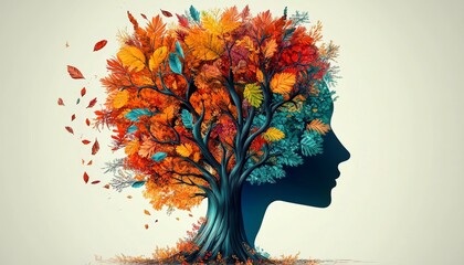 Human Brain Tree with Colorful Leaves and Flowers for Mental Health and Positive Thinking