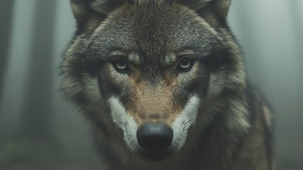 Fototapeta premium A wolf looks directly at the camera in a foggy forest.