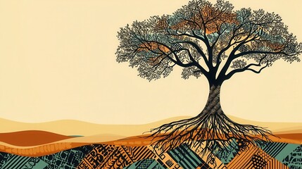 A stylized tree stands over an abstract landscape, showcasing intricate roots and vibrant colors, symbolizing nature's depth and resilience.