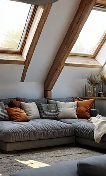 Cozy living room with a sectional sofa, decorative pillows, and natural light from skylights.