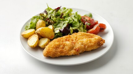 Studio food photography of a delicious chicken fillet served with a fresh salad and mini potatoes on a white plate, captured from a 3/4 view under soft light. 