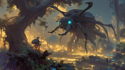 Giant Beetle Encounters a Lone Traveler in a Mystical Forest