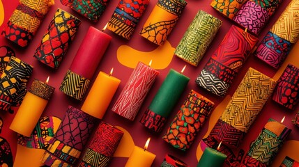 A vibrant arrangement of colorful, patterned candles on a bright background, showcasing intricate designs and warm hues.