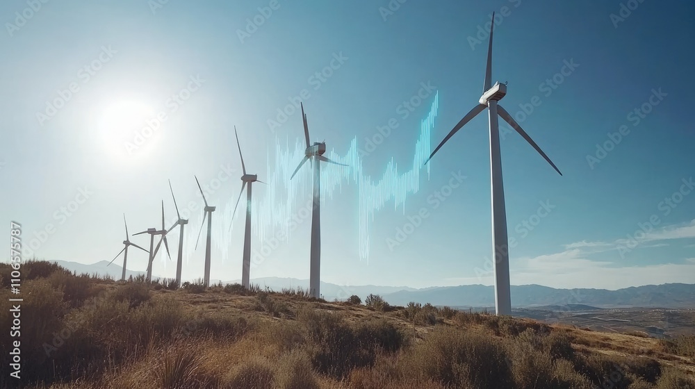 Aufkleber A composite of wind turbines and a rising financial graph, highlighting the growth of clean energy investments. Copy space for text and dynamic visuals.
