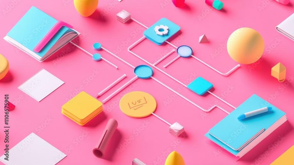 Aufkleber A creative process flowchart in flat design, showing design thinking steps in a 3D-rendered vibrant scheme, ideal for brainstorming and ideation.