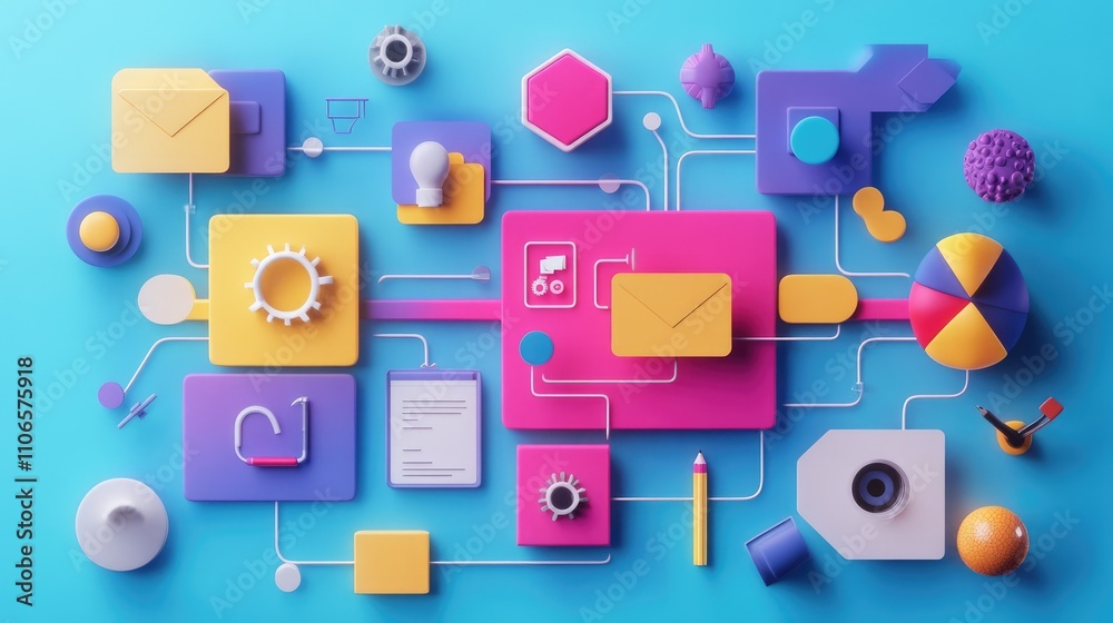 Aufkleber A creative process flowchart in flat design, showing design thinking steps in a 3D-rendered vibrant scheme, ideal for brainstorming and ideation.