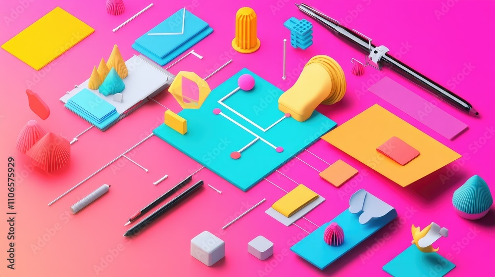 Aufkleber A creative process flowchart in flat design, showing design thinking steps in a 3D-rendered vibrant scheme, ideal for brainstorming and ideation.