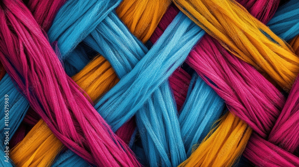 Poster a detailed microscopic view of interwoven textile fibers, highlighting their intricate structure and
