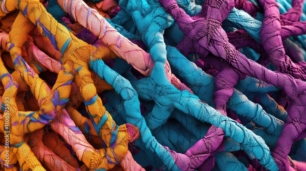 Poster a detailed microscopic view of interwoven textile fibers, highlighting their intricate structure and