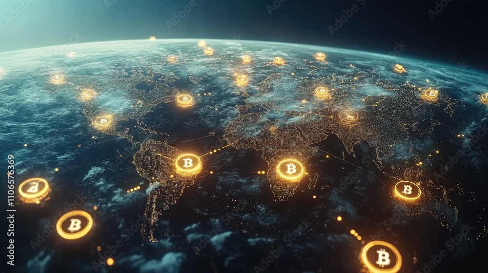 Poster a futuristic view of the world economy, with crypto transactions linking countries, symbolizing the 