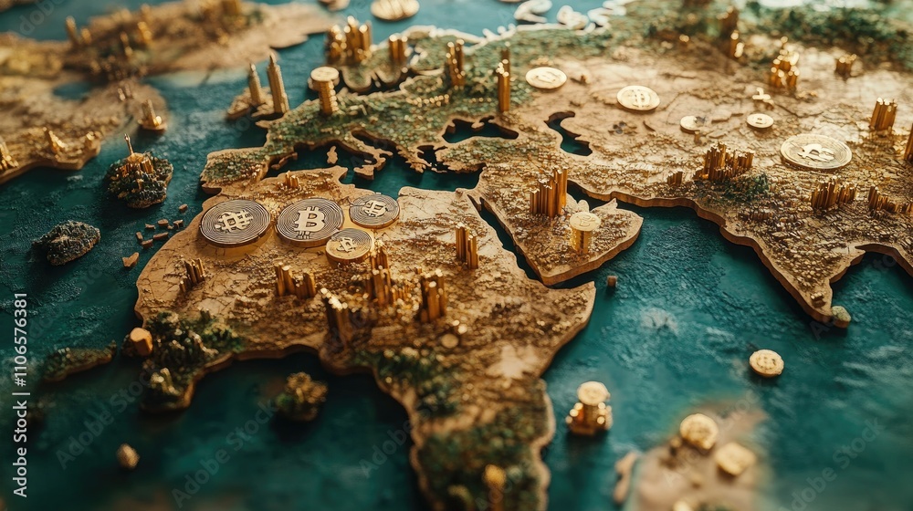 Poster a futuristic view of the world economy, with crypto transactions linking countries, symbolizing the 