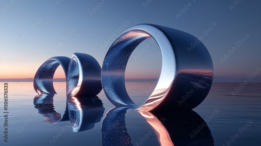 Poster futuristic neon light installation with vibrant symmetrical arcs and glowing gradients in dark backg