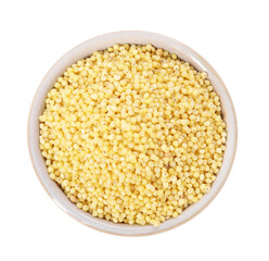 Millet groats in bowl isolated on white, top view