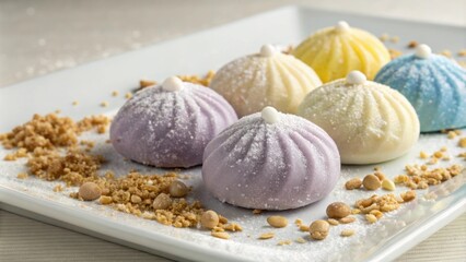 Sweet Taro Dumplings A visually appealing arrangement of soft pastelcolored taro dumplings with hues of lavender pale yellow and blue. Each dumpling is lightly dusted with powdered