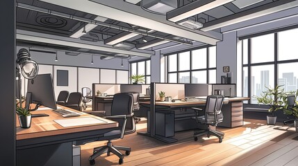 Fototapeta premium Modern Office Space Design With City View And Sunlight