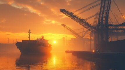 Obraz premium A sunrise scene of a cargo ship and a cargo plane, with a crane bridge in the background, highlighting the logistics and transportation sector