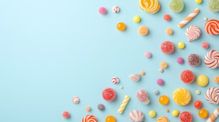Colorful candies and sprinkles on a blue background, creating a border around the center space.