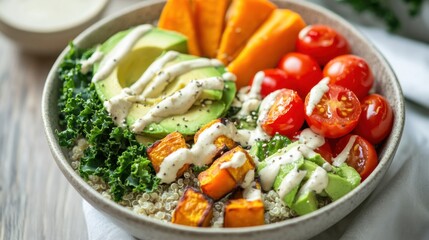 A colorful Buddha bowl filled with quinoa, roasted sweet potatoes, avocado slices