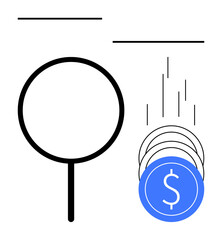 Magnifying glass analyzing arrangement of blue coins with dollar signs falling in patterns. Ideal for finance, investment, savings, economic trends, business growth, market research, cost analysis