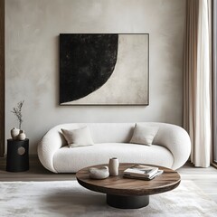  Minimalist, japandi style interior design of modern living room. Cute cozy boucle sofa near ellipse coffee table. 