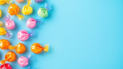Colorful candies in cellophane wrappers on a blue background.