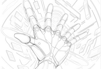 A robot hand is shown in a black and white drawing AI generated