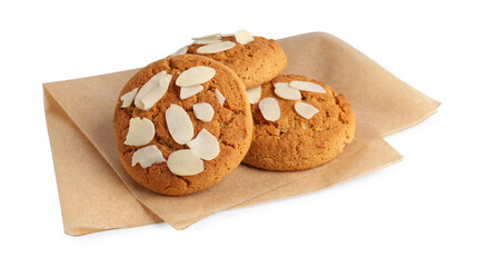 Tasty cookies with almond flakes isolated on white