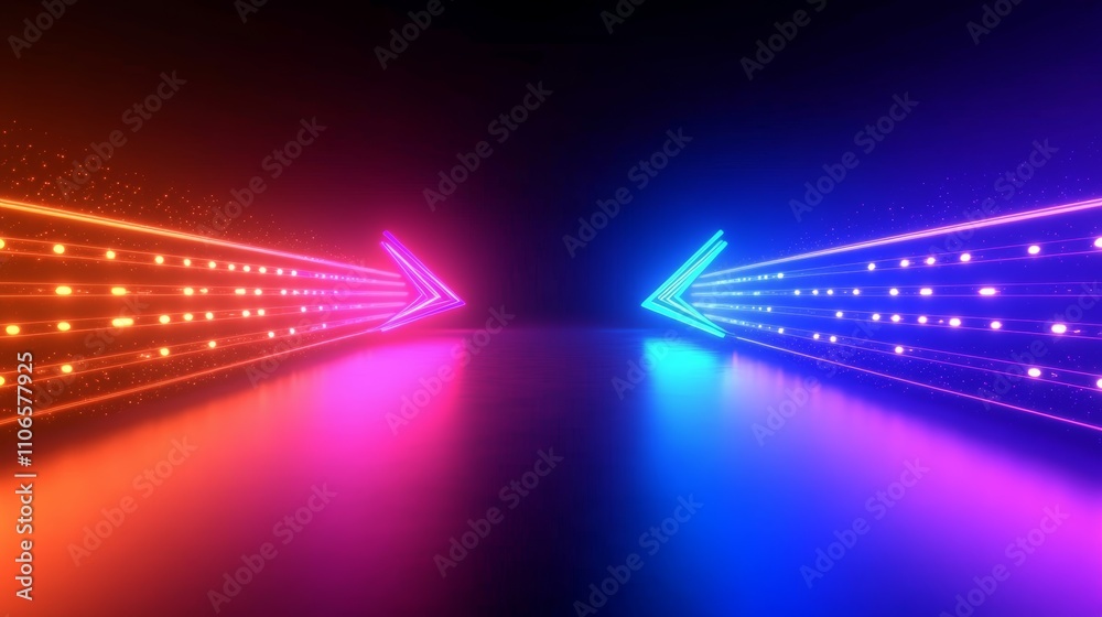 Poster abstract neon arrows in convergence and opposition concept with gradient background