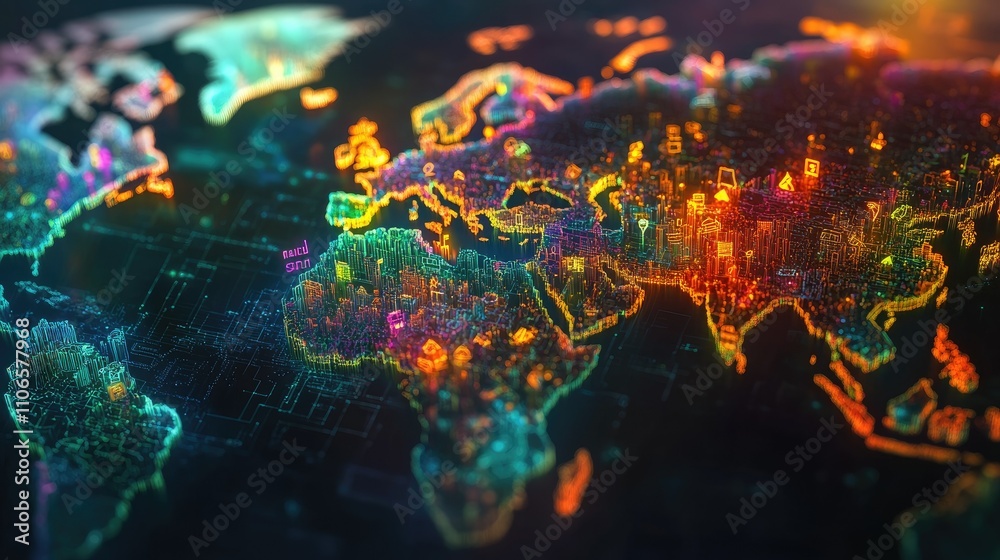 Poster Digital representation of interconnected countries through crypto transactions, highlighting the integration of the global economy and cryptocurrency role.