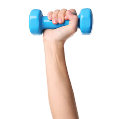 Woman exercising with dumbbell on white background, closeup