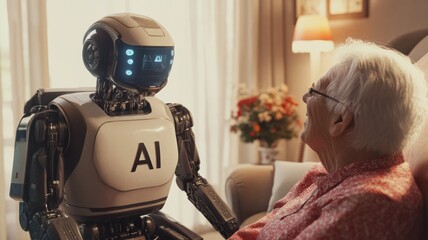A robot with the word "AI" on its chest sits next to an elderly person in their living room, talking and laughing together, generative ai