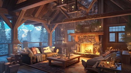 Cozy Mountain Cabin Living Room Fireplace Winter Scene
