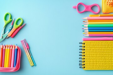 Fototapeta premium Vibrant School Supplies for Kids Top View Fun Colorful Stationery Educational Tools on Light Blue Background