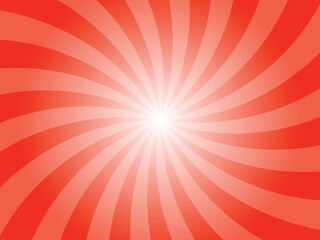 Sun ray vector red background. Scarlet red swirl radial beam sunrise or sunset light retro design illustration. Light sunburst glowing background.