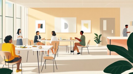 Modern office cafeteria scene with diverse people enjoying lunch, working, and socializing in a bright and spacious environment with contemporary design elements.