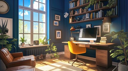 Fototapeta premium Sunlit Home Office With Stylish Furniture And Plants