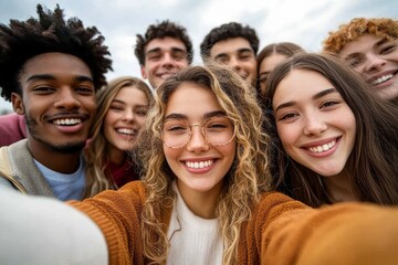 Diverse group of friends taking cheerful selfie outdoors in casual clothing
