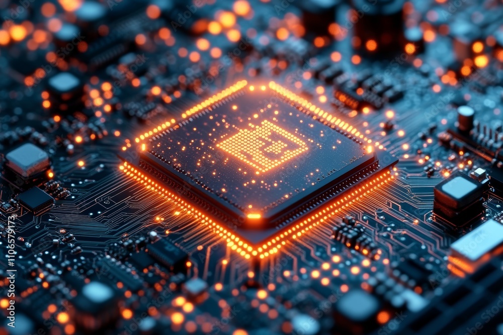 Poster Advanced AI Processor Chip on Computer Motherboard with Vibrant Circuitry and Ambient Technology Lighting