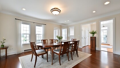 Fototapeta premium Cozy home environment with classic dining table configuration and warm lighting design.