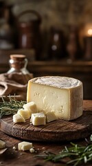 a block of white cheese with cubes of cheese beside it on a wooden cheeseboard in a rustic farmhouse kitchen