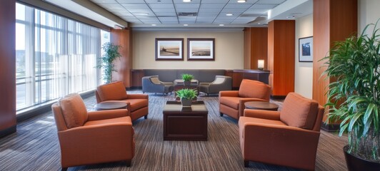 Modern Hotel Lobby with Orange Armchairs and Large Windows