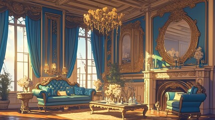 Sunlit Elegant Blue And Gold Rococo Living Room