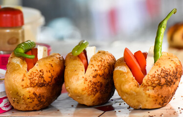 Sandwich (Turkish name is Kumru) , Turkish Traditional Bakery Bagel, closeup, isolated