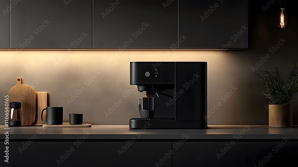 Aufkleber a minimalist coffee machine in matte black, displayed on a plain countertop with neutral lighting em