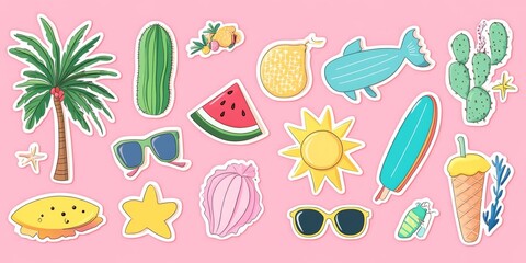 Colorful Summer Stickers with Beach Icons and Tropical Elements