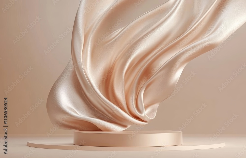 Aufkleber beige fabric with dynamic motion display on round podium for cosmetic product presentation