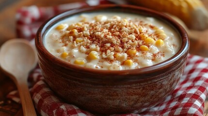 Creamy Corn Chowder in Rustic Ceramic Bowl with Cornmeal and Paprika